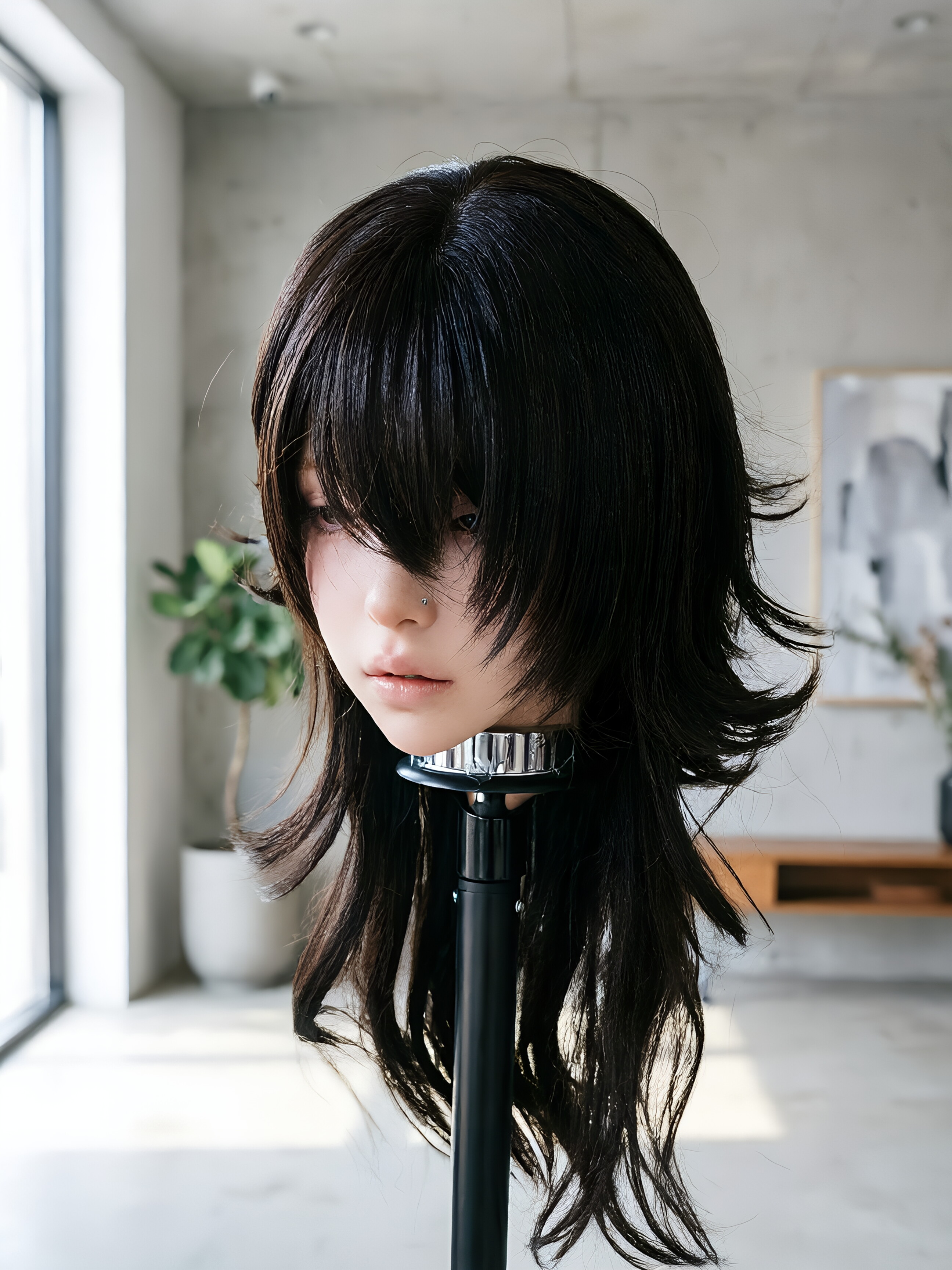 Perruque complète en tulle, style queue de loup, coupe mullet, tête de poisson, cheveux bouclés, pour simulation de cosplay anime, volumineuse et à couches