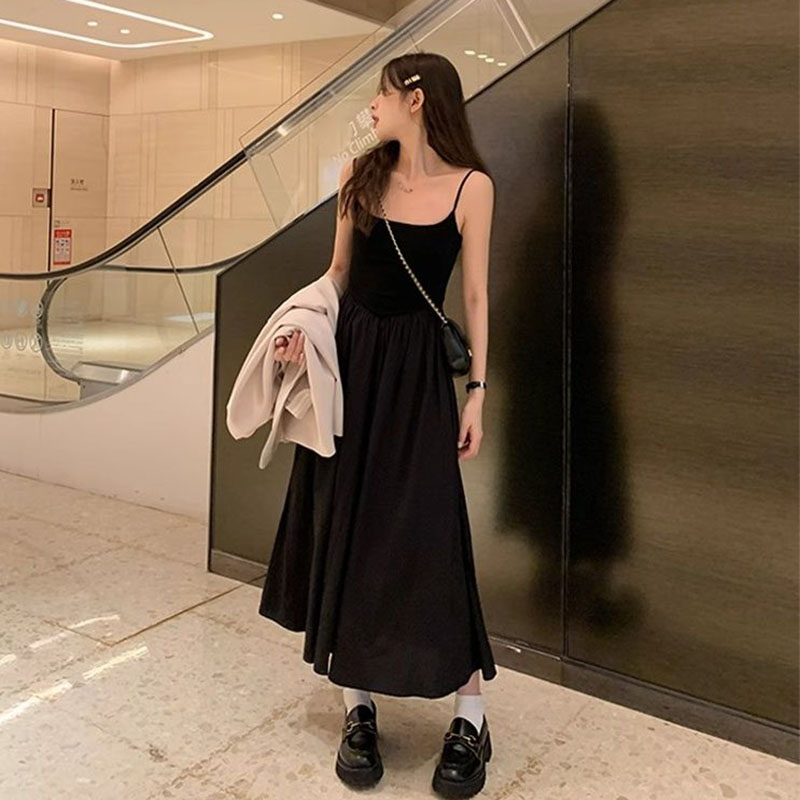 Mode taille haute robe à bretelles femme été décontracté Simple polyvalent longues robes femmes élégant Streetwear robe Camisole
