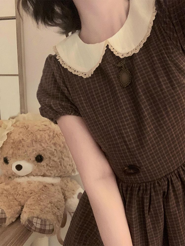 Robe Courte Femme Vintage Japonaise Marron à Carreaux Col Peter Pan Manches Bouffantes avec Dentelle et Taille Cintrée Tenue d'Été Campus Nouveauté 2026