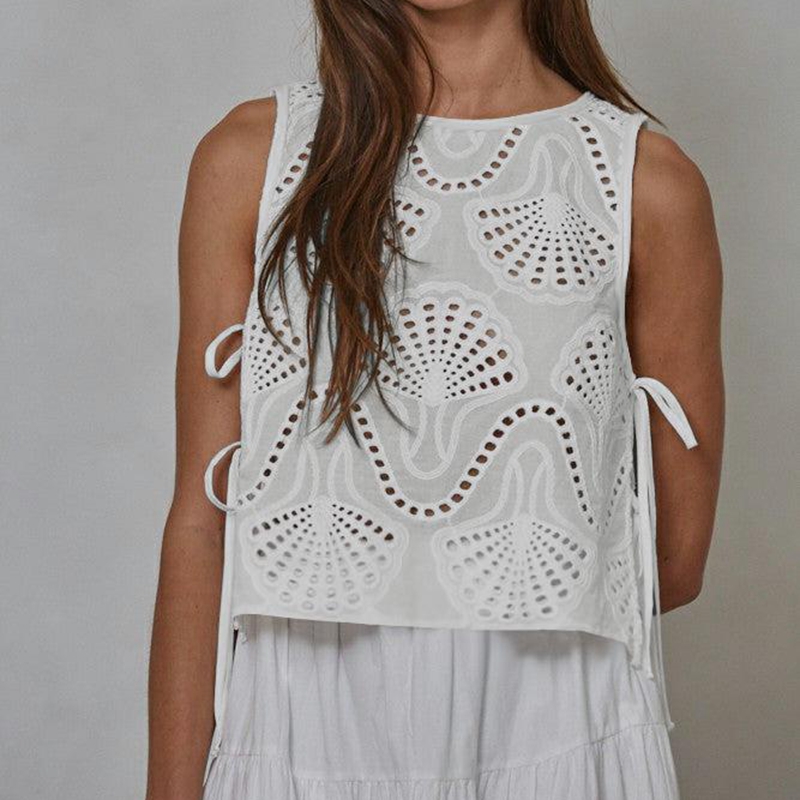 Combhasaki femmes été Chic sans manches culture débardeurs col rond motif esthétique oeillet évider côté nœud attaché gilet chemises