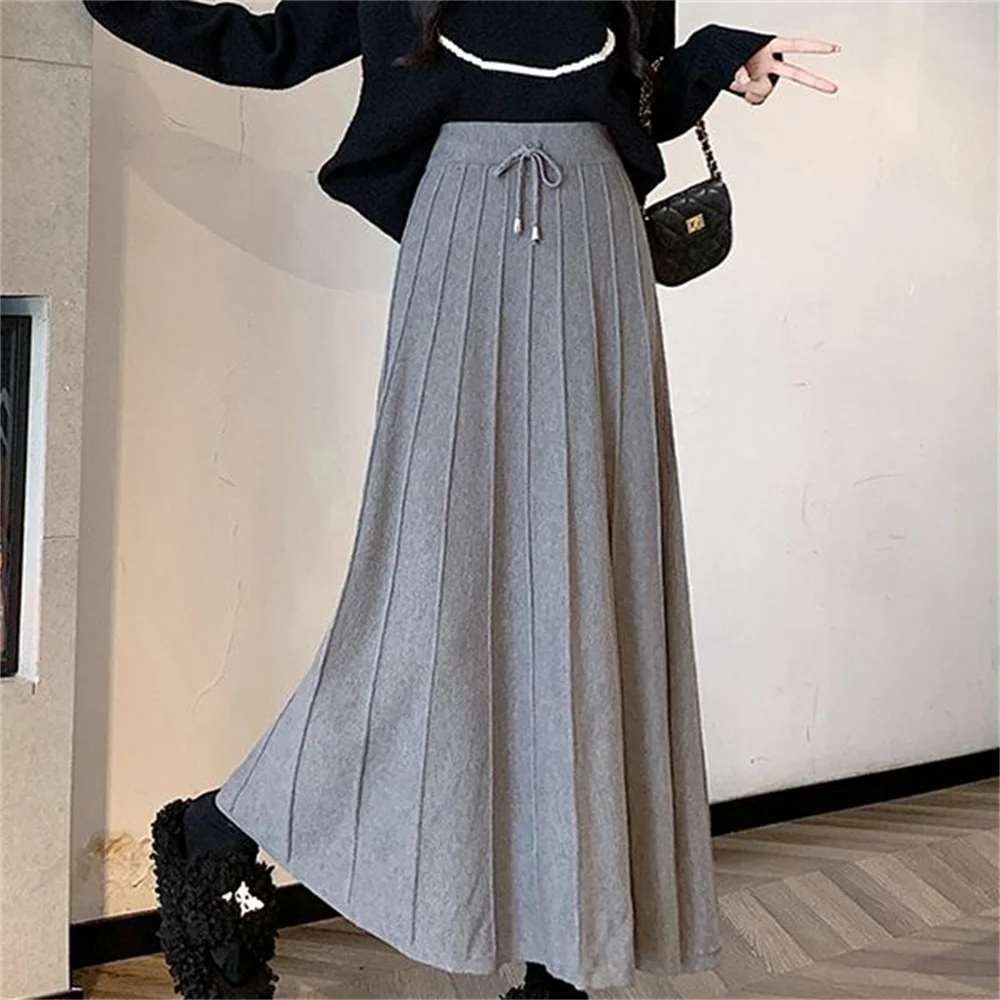 Jupe mi-longue taille haute A-Line pour femme, mode coréenne, élégante, noire, automne, hiver, nouveau, 2025