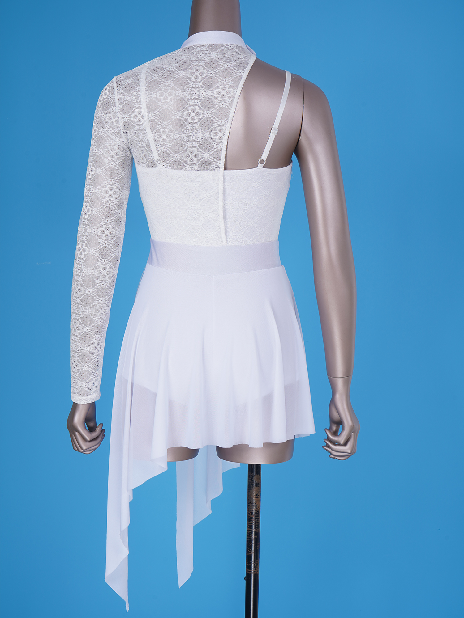 Robe de danse lyrique pour femmes, asymétrique épaule dénudée, manches longues, dentelle transparente, robes de justaucorps de gymnastique, vêtements de danse contemporains modernes