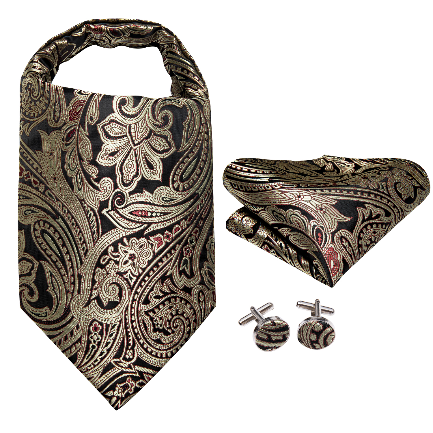 Injfraîchement-Ensemble de foulards cachemire pour hommes, vintage, décontracté, floral, noir, doré Ascot, poche carrée, mariage, grand