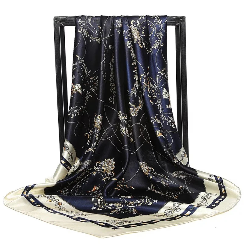 Écharpe en satin 90x90cm pour femmes, écharpe en chaîne imprimée de fleurs de cajou, nouveau style printemps et été, châle pour femmes, nouveau style 2024