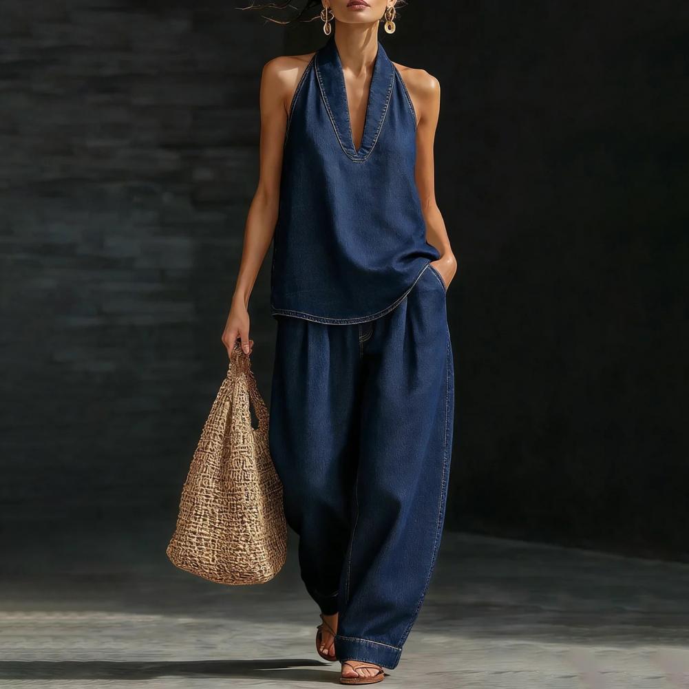 Ensemble en jean sans manches pour femme – Haut dos nu et pantalon large – Tenue d'été deux pièces