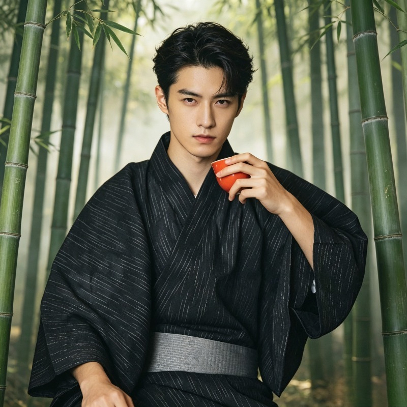 Kimono Yukata traditionnel japonais de couleur unie noire pour hommes, tenue longue d'été idéale pour la photographie en studio et le port quotidien