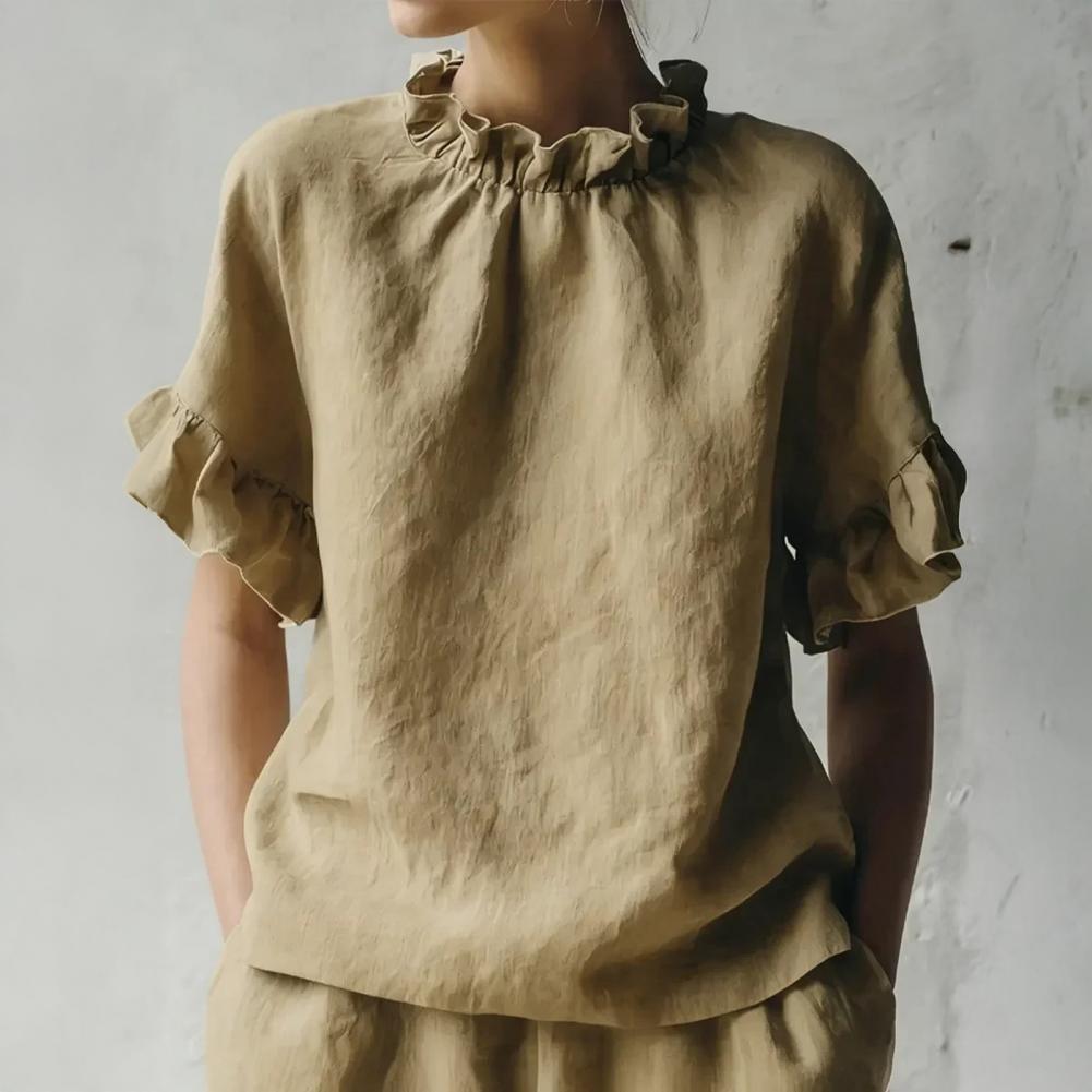 Chemisier pour femme couleur unie ample d'été à col rond et manches courtes avec design à volants, pull-over pour usage quotidien