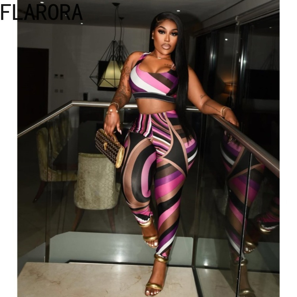 FLARORA – ensemble 2 pièces imprimé coloré pour femme, débardeur court à encolure carrée et pantalon slim, tenue de soirée de minuit, Clubwear