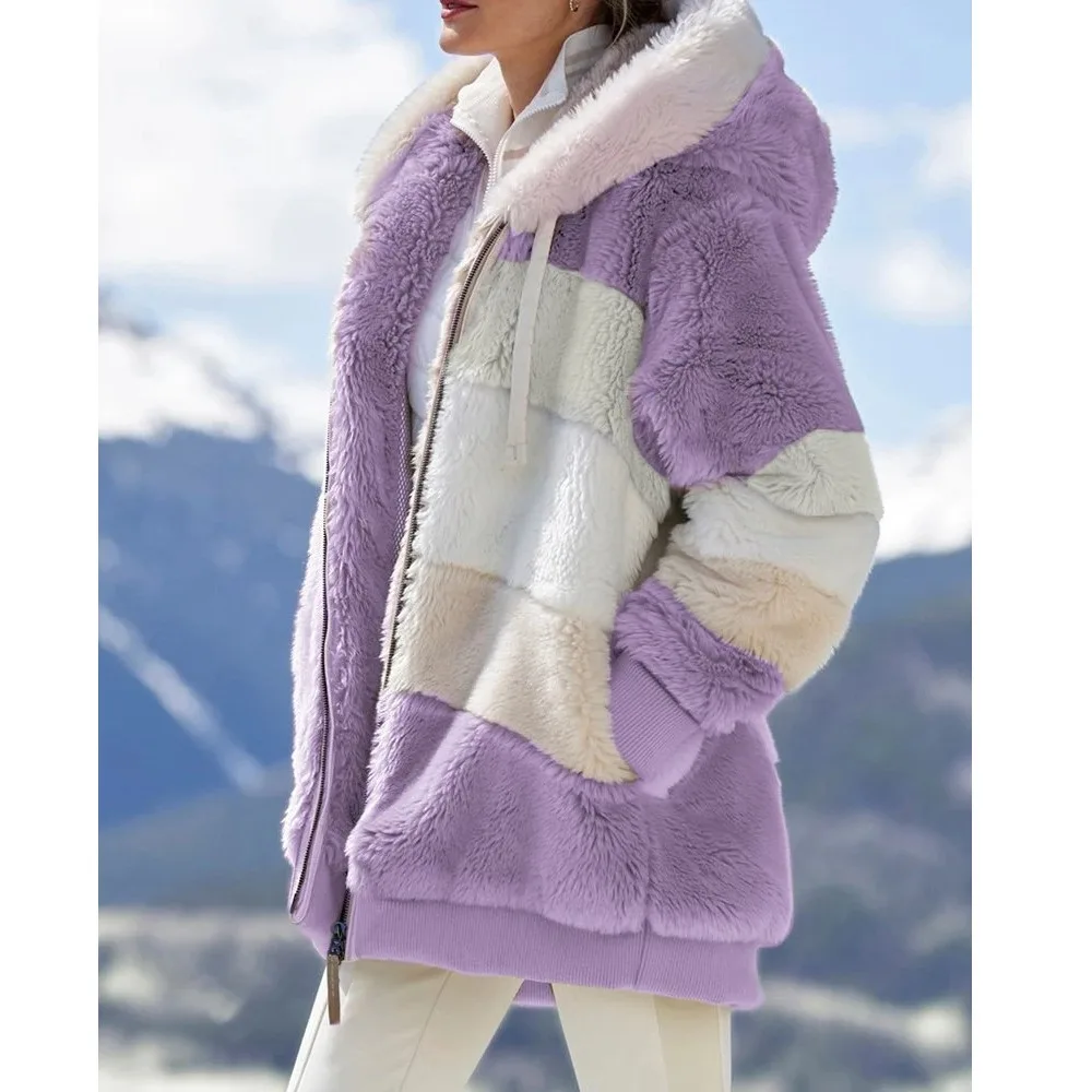 Manteau d'hiver tendance pour femme 2026 – Veste à capuche zippée pour femme, épaisse en cachemire, avec empiècements et motifs écossais