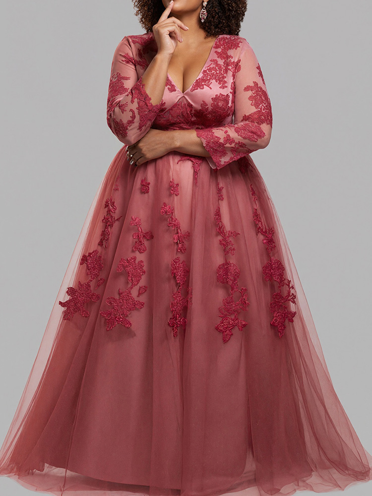 Robe de soirée élégante pour femme, en dentelle avec appliqués floraux, col en V, manches longues en maille transparente, coupe trapèze, robe maxi pour invité de mariage, bal de promo, robe de fête, Vestido