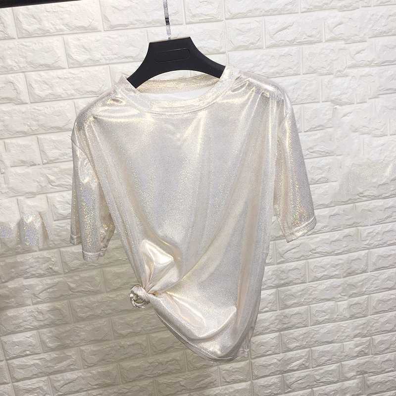 T-shirt manches courtes femme, estival et élégant, en soie brillante, ample, sexy, esthétique, harajuku