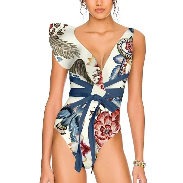 Bikini femme imprimé à volants maillot de bain une épaule Slash boutonnage Bikini deux pièces taille haute ventre Tuck maillots de bain nouveau