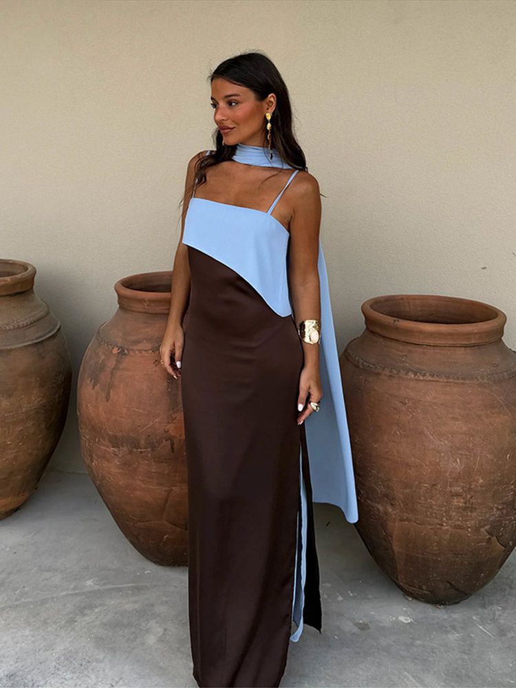 Robe longue en satin à col écharpe, fines bretelles spaghetti, col drapé, taille haute, fente latérale, collection été 2026, robe de soirée chic