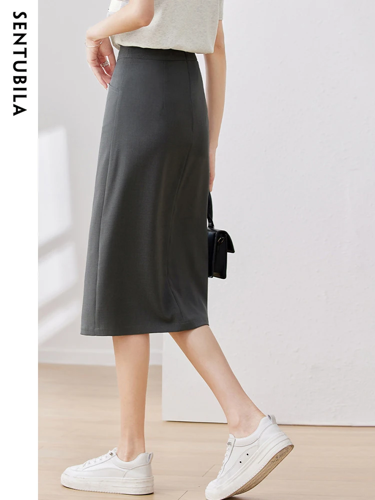 Jupe crayon midi fendue irrégulière SENTUBILA pour femme, taille haute, gris uni, avec poches, collection été 2026 - 132Q48722