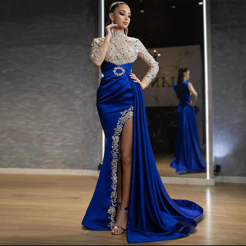 Robe longue épissée en dentelle bleue, Sexy, col rond, Style élégant, tissu Polyester, manches longues, robe mi-longue pour femmes