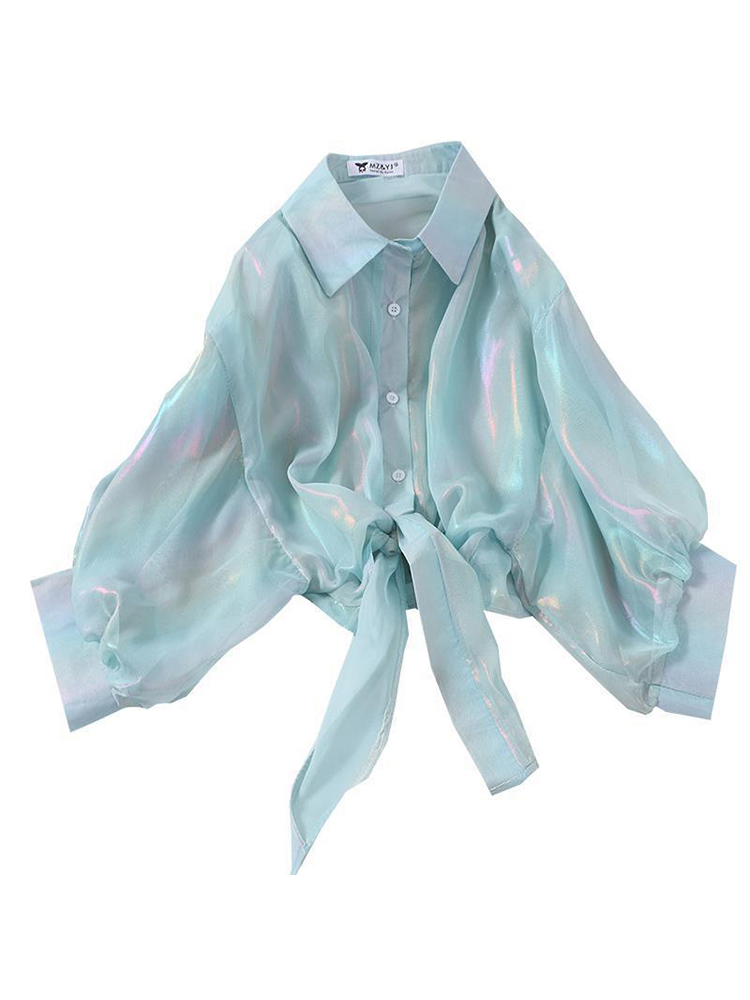 Chemise Boutonnée à Demi Manches pour Femme, Vêtement Sexy à Taille Nouée, Automne 2024