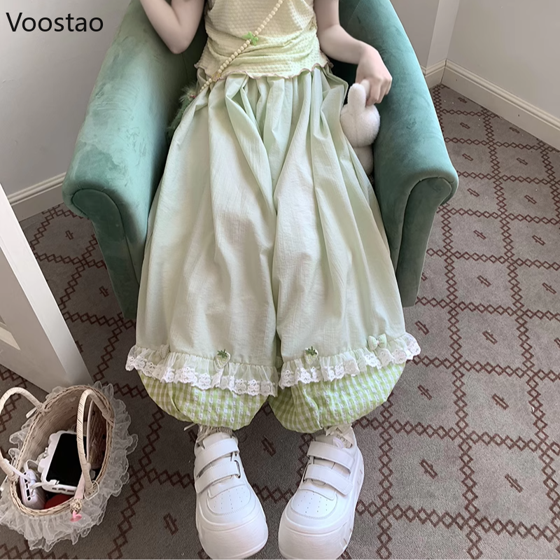 Pantalon Style japonais Kawaii Lolita pour femmes, avec nœud doux, en dentelle, à volants, Plaid, Patchwork, bouffant, décontracté, ample, Y2k, automne