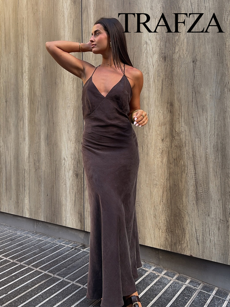 HH 2025 femme col en v dos nu sous-vêtements Style robe femmes été nouveau solide Chic fermeture éclair sans manches vacances Style longue robe