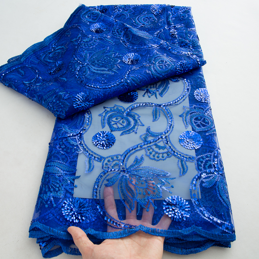 Tissu en dentelle de tulle bleu à sequins, broderie de luxe française pour robe de mariée, tissu en dentelle africaine 2026, matériau en filet de haute qualité A3812
