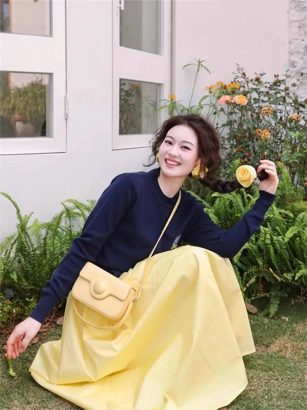 Jupe longue plissée élégante jaune pour femme, taille élastique, coupe ajustée, style décontracté printemps-été-automne