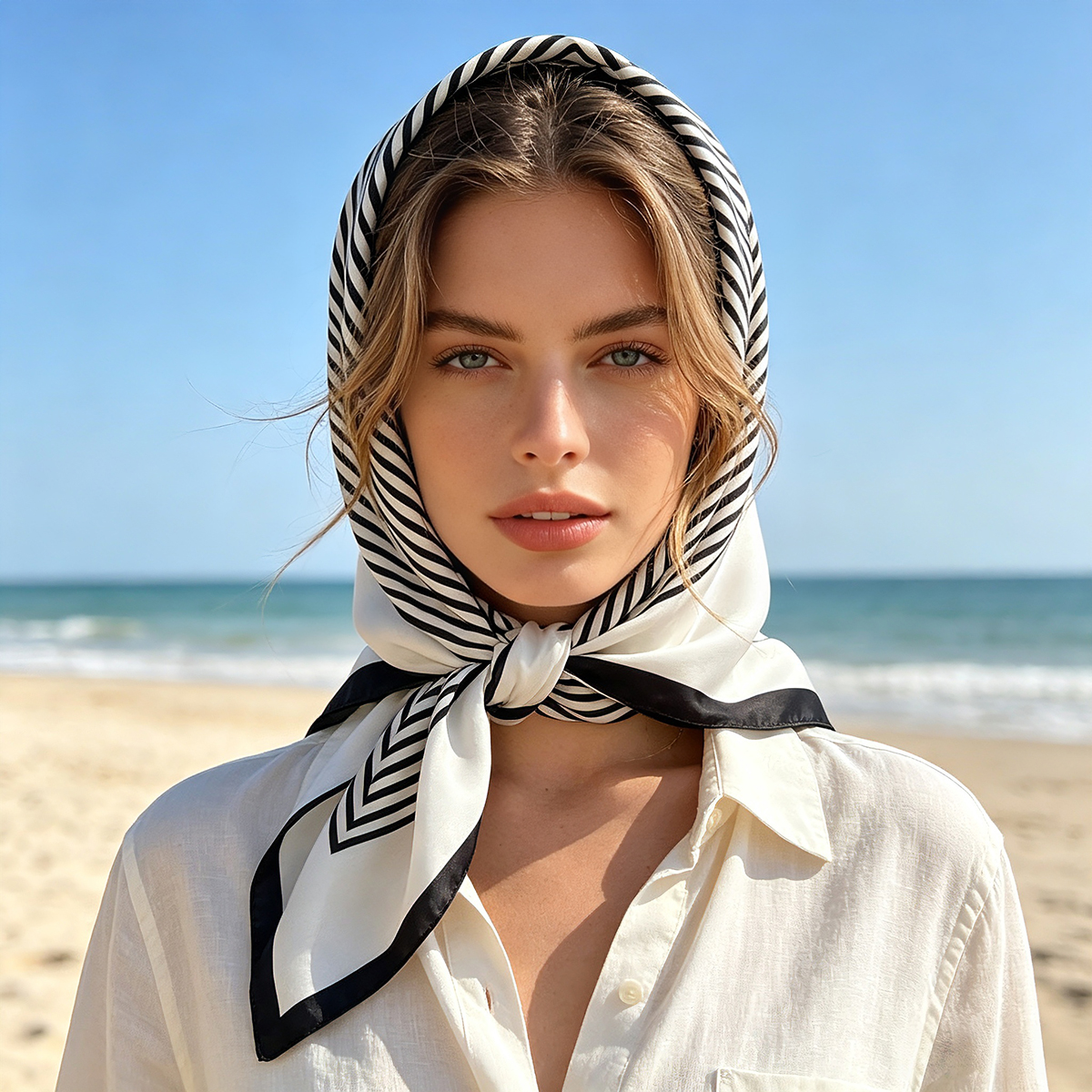 Foulard carré imprimé rayé 90*90cm pour femme, en satin doux, bandeau, cache-cou, accessoire de mode, hijab, bandeau pour femme