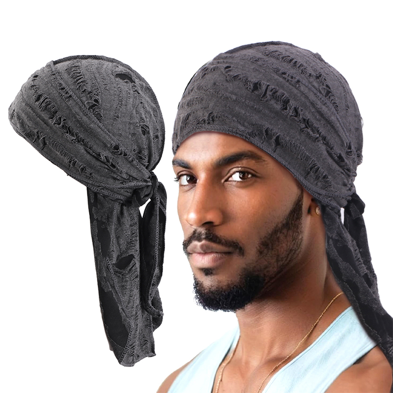 Durag longue queue coton ruban Pirate chapeau écharpe rétro trou cassé Durag chimio casquettes Turban bandeau pour cheveux Bandanas bandeau