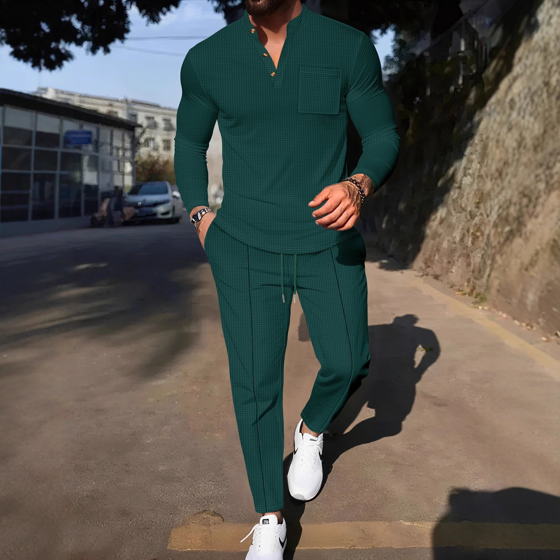 Ensemble semi-casual pour homme : chemise boutonnée à col montant et motif gaufré avec pantalon confortable (1 ou 2 pièces)