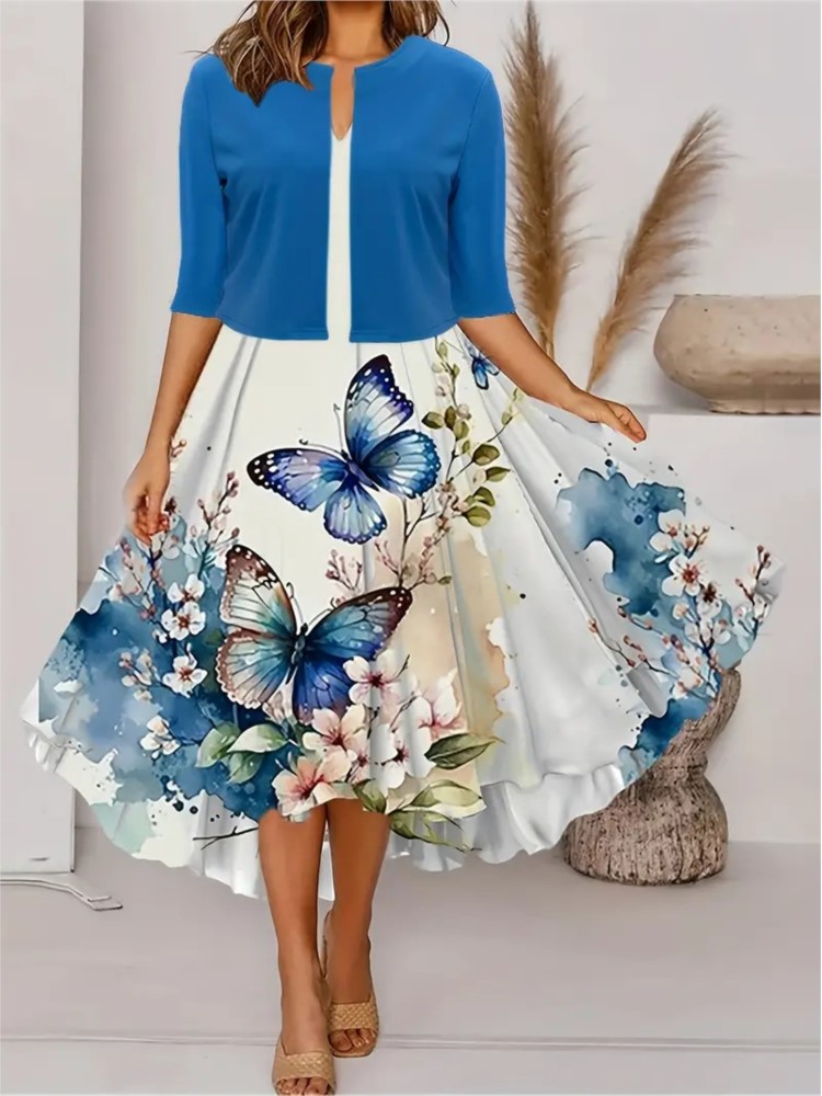 Robe longue décontractée à imprimé floral pour femmes, cardigan court à col en V, manches mi-longues, robes mi-longues trempées, ensembles élégants