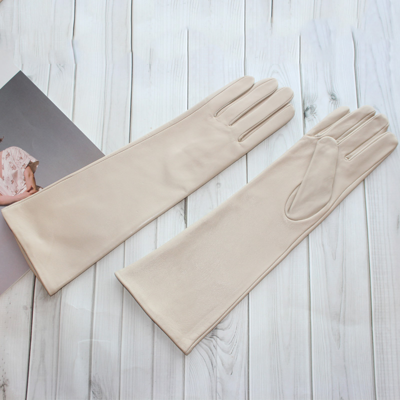 Nouveaux gants longs en peau de mouton pour femmes, gants en cuir de couleur unie pour écran tactile intérieur en soie fine