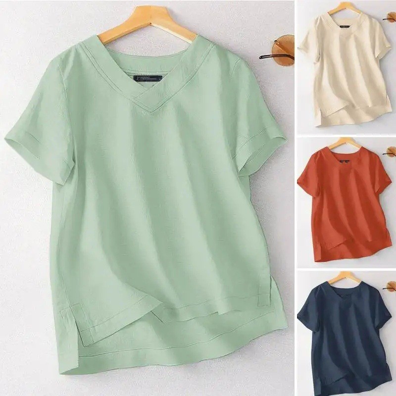 T-shirt d'été grande taille pour femmes, nouveau modèle décontracté en coton uni, col en V, manches courtes, coupe ample