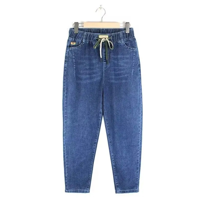 Jean pour femme Streetwear Printemps Automne 2026 Nouveau Pantalon Harun élastique taille haute en denim décontracté à poches coupe 7/8