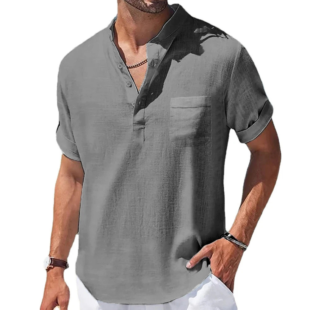 T-shirt en coton et lin pour hommes, col Henry, manches courtes, hauts décontractés, léger, à la mode, classique, avec boutons, offre spéciale, été