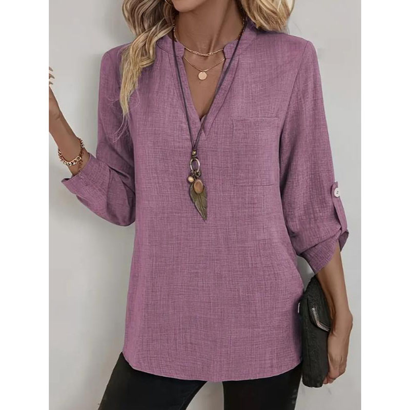 Chemise décontractée ample pour femmes, mode printemps-été, col en V rétro, couleur unie, chemisier élégant pour jeunes femmes