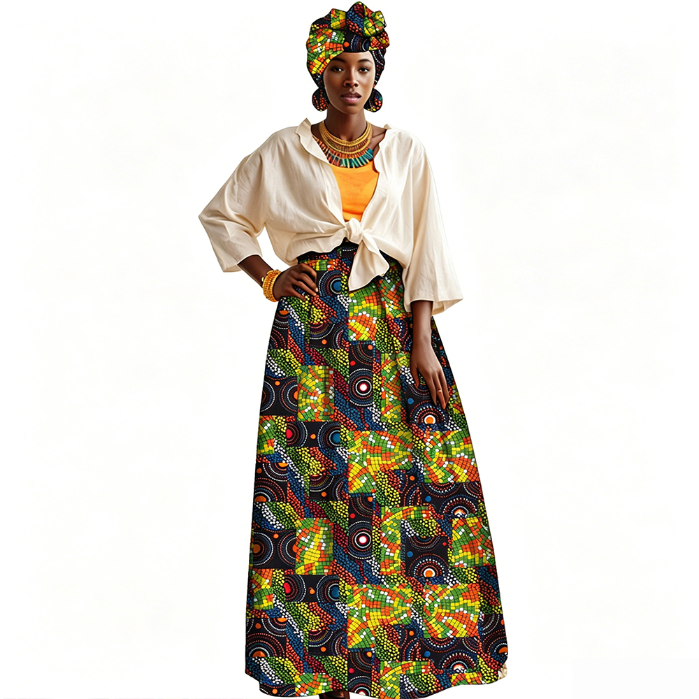 Costumes africains pour femmes, jupe longue à taille haute à imprimé géométrique ethnique bohème, avec foulard et boucles d'oreilles, jupe décontractée tribale