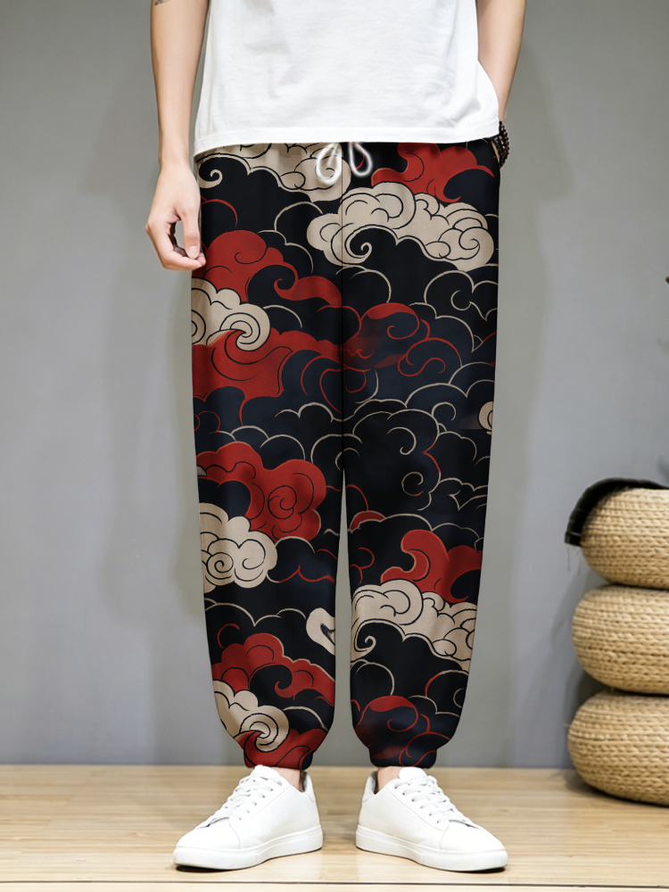 Pantalon de survêtement ample pour homme, style japonais, imprimé nuage artistique, taille à cordon, coupe oversize, large, long, sport, 2026