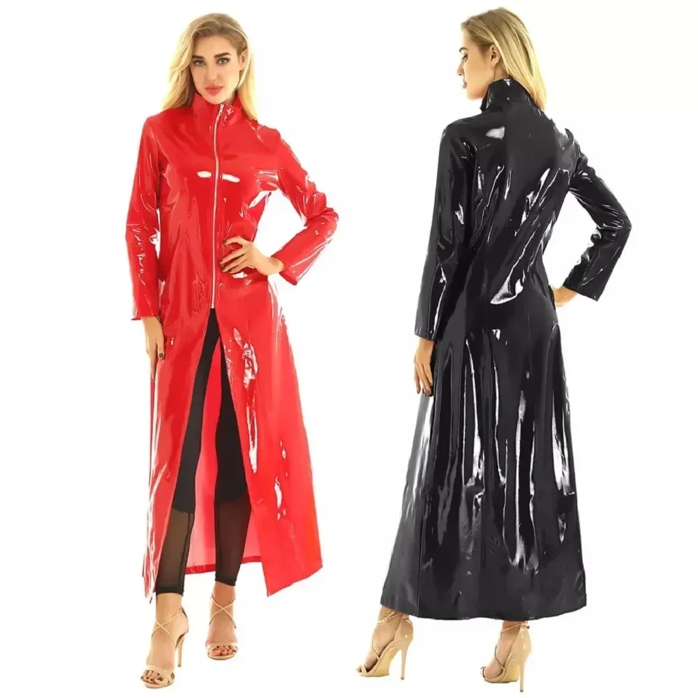 Robe longue en cuir brillant miroir PU pour femmes, coupe-vent, longue robe en cuir