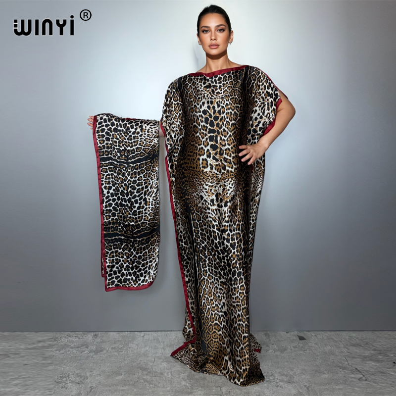 WINYI Robe traditionnelle africaine musulmane pour femme, Abaya Dubaï, Kaftan de luxe, Robe de soirée, Imprimé léopard, Robe longue, Tenue de plage