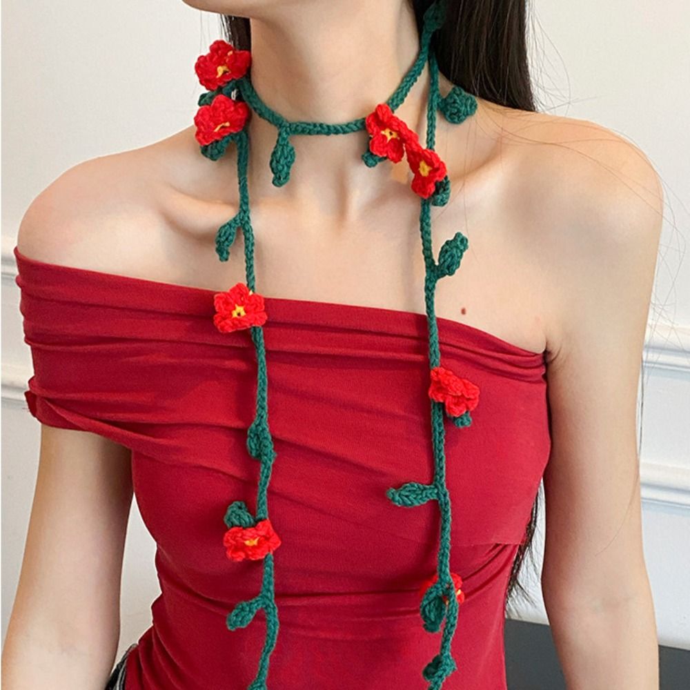 Écharpe en laine tricotée à la main, style coréen, châle à fleurs de rose au crochet, décoration vestimentaire, style Harajuku, écharpes longues et étroites