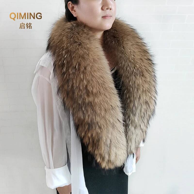 Hiver femmes col de fourrure de raton laveur vraie écharpe de fourrure homme grand fourrure fourrure naturelle châle chaînes de luxe col plus chaud pour manteau veste