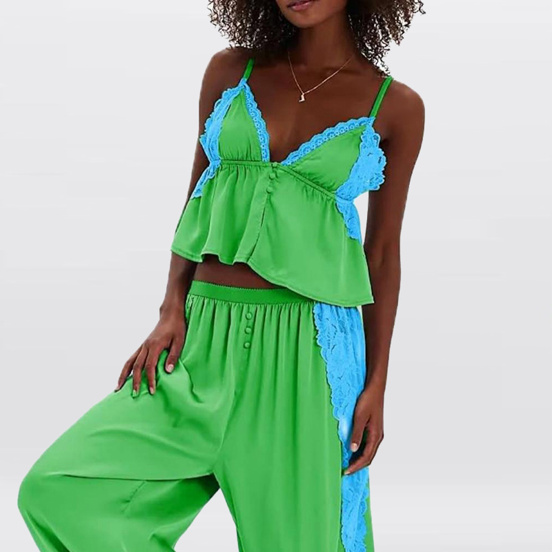 Ensemble décontracté d'été 2026 pour femme : Haut sans manches col en V et pantalon, couleur unie simple avec patchwork de dentelle, deux pièces