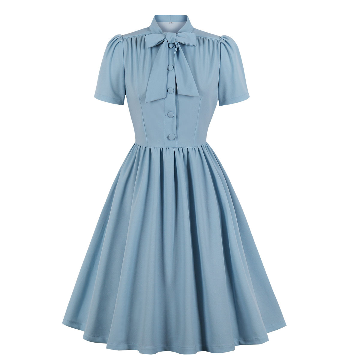 Robe plissée bleue à manches courtes, style vintage français, col à nœud papillon, boutonnée, robes rétro élégantes, style années 50, pin-up, rockabilly