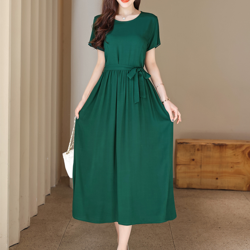 Nouvelle mode robes d'été pour les femmes 2025 élégant décontracté à manches courtes robe Midi couleur unie femmes vêtements