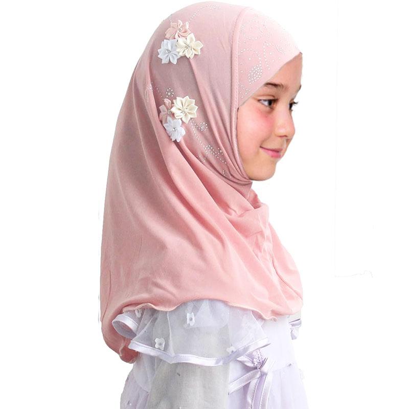 Hijab instantané musulman pour filles, prêt à porter, châles islamiques, Turban avec fleurs, écharpes, bandeau en Jersey (2-7 ans)