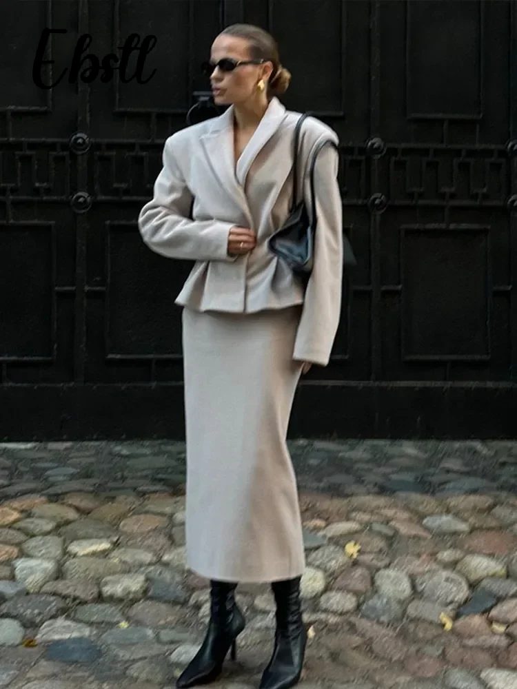 Slim laine Blazer manteau jupes ensemble femmes gris revers caché boucle manteaux hanche paquet jupe longue 2025 nouvelles tenues élégantes féminines