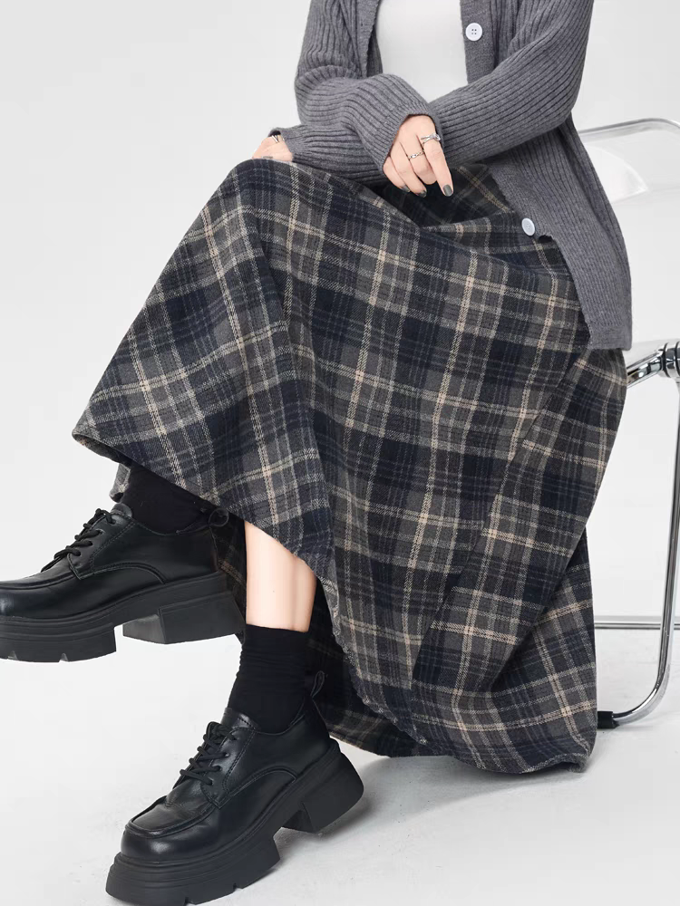 Jupe Madi trapèze à carreaux doux avec taille élastique, jupes évasées taille haute pour femmes, confort extensible, automne hiver 2025