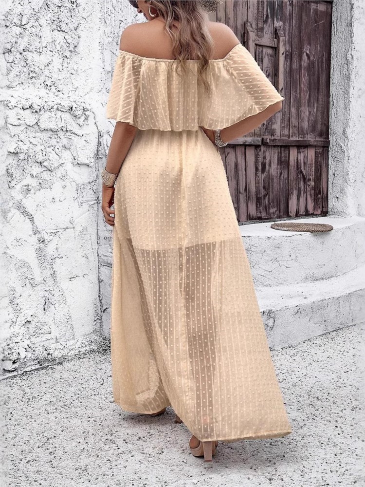 Robe de vacances style Boho pour femmes, épaules dénudées, manches courtes, col Slash, taille haute, ample, vêtements pour femmes