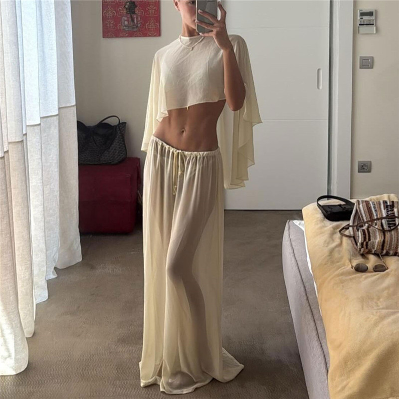 Ensemble 2 pièces de plage : Cape transparente à manches courtes et pantalon large à cordon élastique – Tenue assortie pour femme pour les vacances d'été