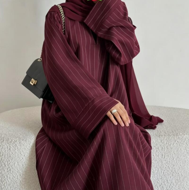 Robe Abaya pour femme, Kaftan Jalabiya, tenue de fête à rayures, vêtement musulman ample à col en V, caftan uni, robe longue
