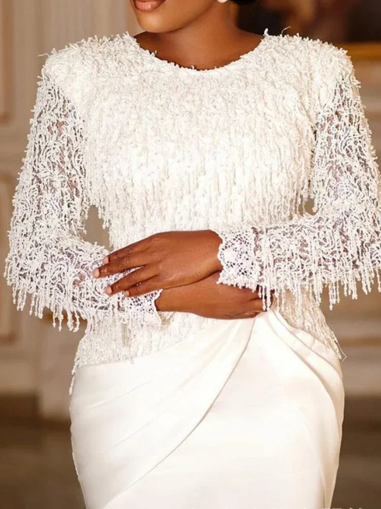 Robe de soirée mi-longue à manches longues pour femmes, robes blanches formelles, col rond, glands, coutures en dentelle, printemps, 2023