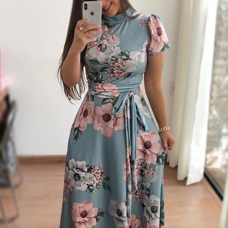 Robes Slim décontractées à manches longues pour femmes, col rond, imprimé floral, bretelles, longueur au sol, jupe longue, vêtements pour femmes